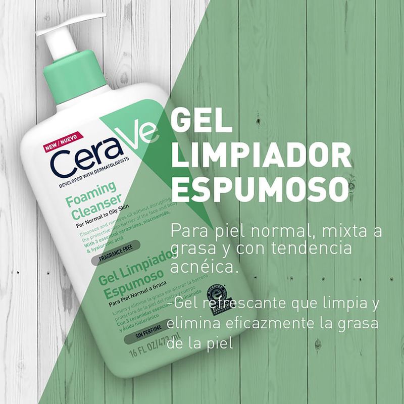 Limpiador facial Cerave Gel Espumoso de 473 ml: Piel limpia, suave y  radiante - Farmacia Chamberí