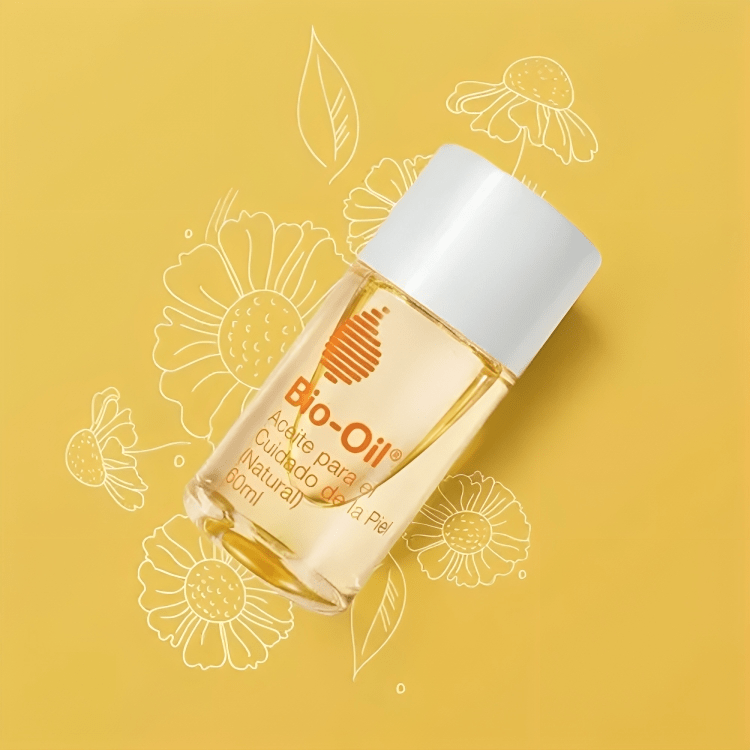 Botella-de-Bio-Oil-Natural-60-ml-sobre-fondo-amarillo-con-ilustraciones-de-flores-aceite-hidratante-y-reparador-para-la-piel.