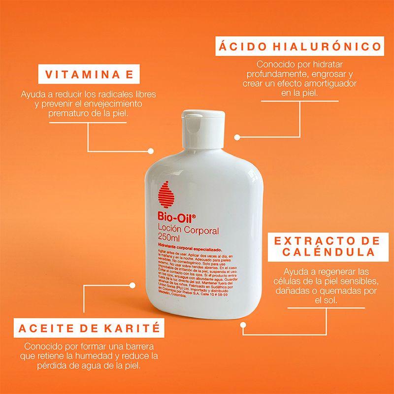 Bio-Oil-Locion-Corporal-250ml-e-ingredientes.-Informacion-sobre-la-formula-de-la-locion-con-Vitamina-E-Acido-Hialuronico-Aceite-de-Karite-y-Extracto-de-Calendula