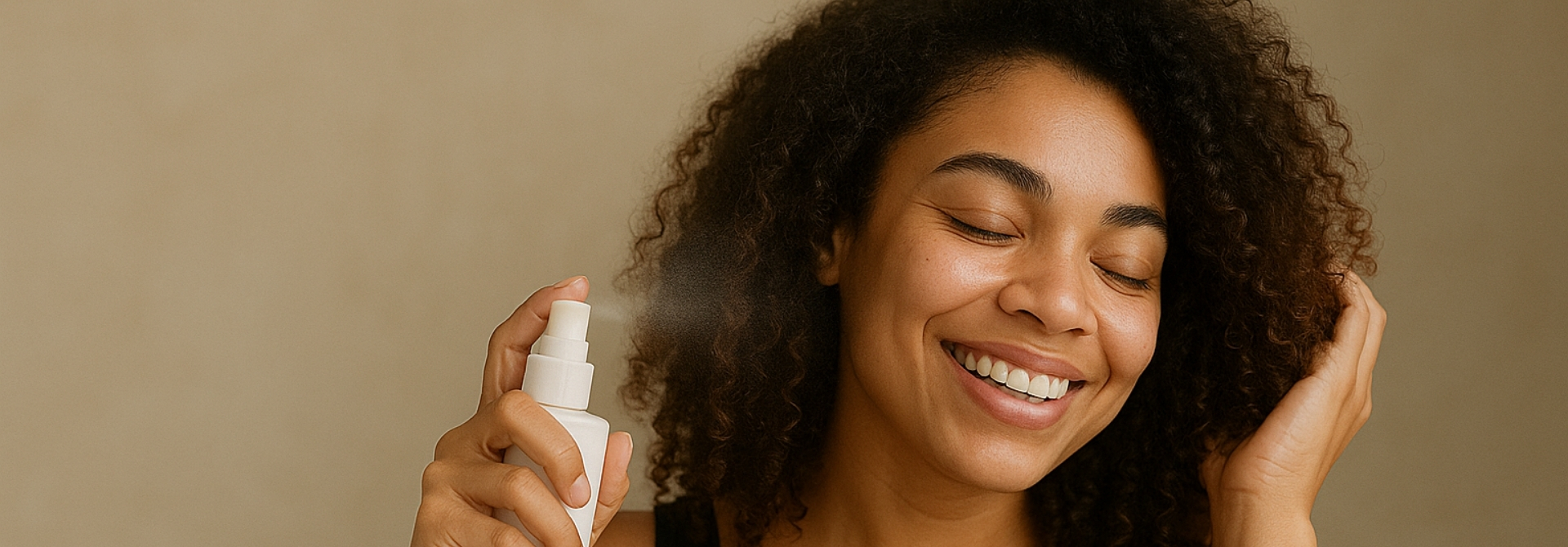 Mujer morena feliz aplicando termoprotector en su cabello
