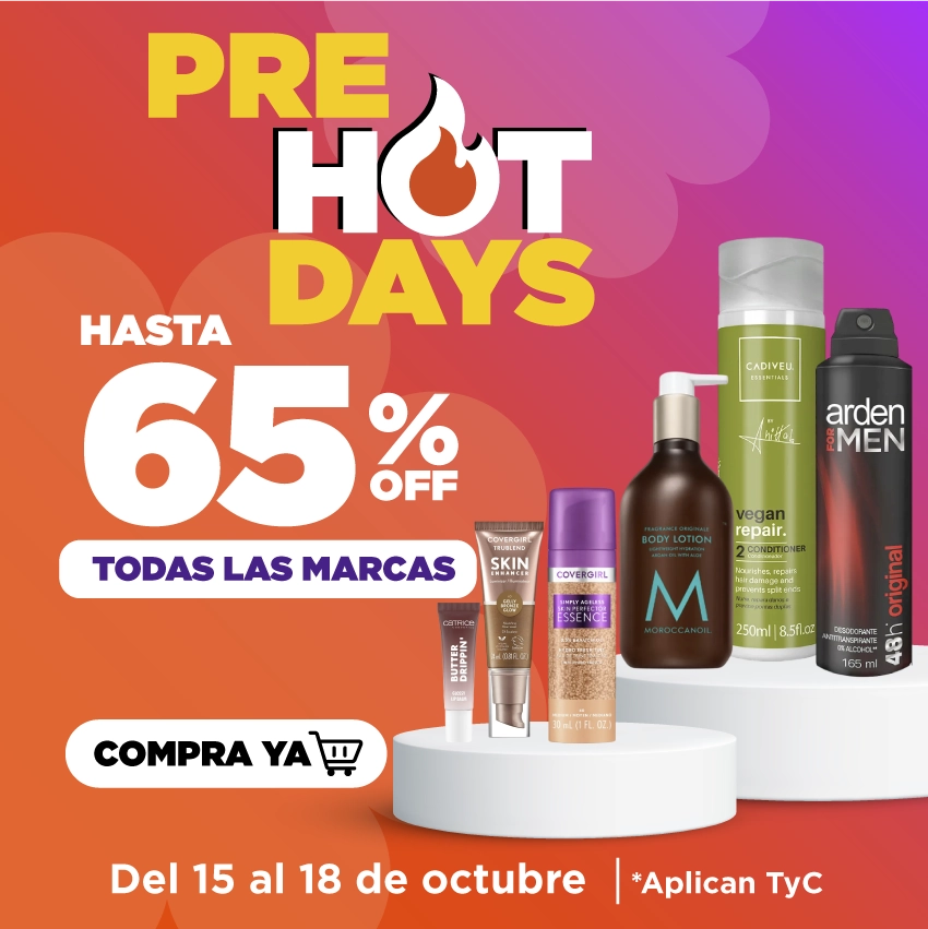 Banner promocional Pre Hot Days con hasta 60% OFF en todas las marcas en Beautyholics. Válido del 15 al 18 de octubre.