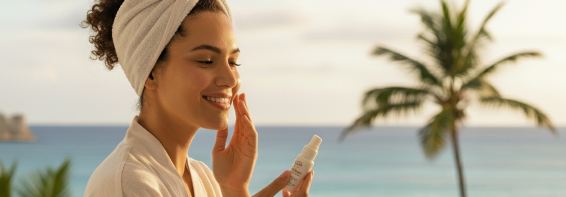 Mujer disfrutando sus vacaciones mientras se hace su rutina de belleza