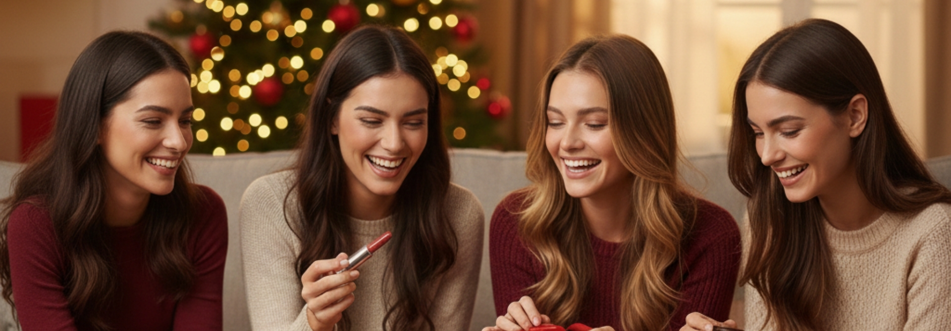 Grupo de mujeres regalándose regalos de navidad de belleza.